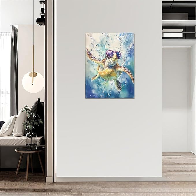 Sea Turtle Bathroom Decor Funny Turtle Ocean Bathroom Wall Art Sea Turtle Nautical Pictures Prints Turtles Gift Painting Sea Turtles Framed Artwork for Bedroom Living Room 12"x16"