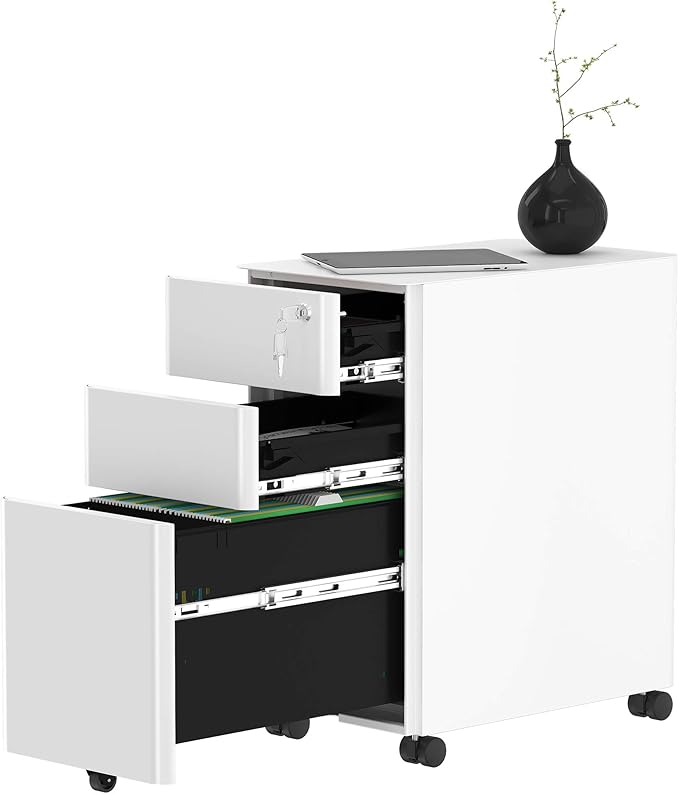 YITAHOME 3-Drawer Metal Filing Cabinet Office Drawers with Keys, Compact Slim Portable File Cabinet, Pre-Built Office Storage Solution for A4/Letter/Legal, White