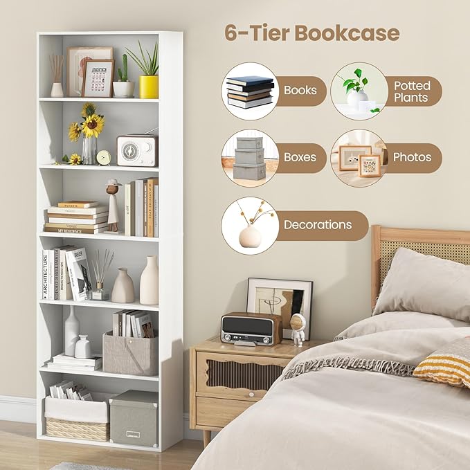 Giantex 6-Tier Bookcase, 70" Tall Wooden Bookshelf, Freestanding Storage Organizer w/Open Shelves, Anti-Tipping Kits, Modern Floor Standing Display Shelves for Living Room, Bedroom (1,White)