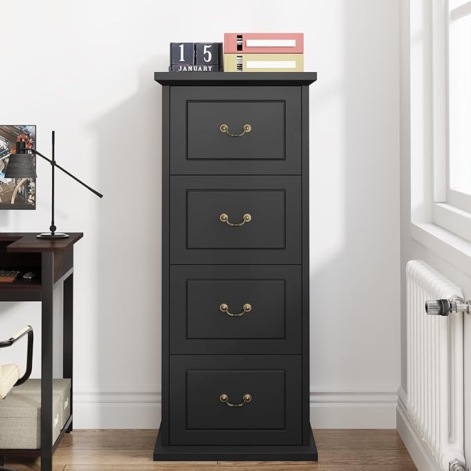 Tribesigns 4-Drawer File Filing Cabinet, Vertical File Cabinet Office Wood Filing Cabinet for A4 / Letter Size Narrow Tall File Storage for Home Office, Black