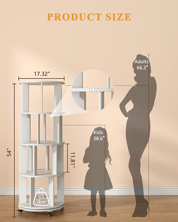 Rotating Bookshelf, 4 Tier Solid Wood Bookshelf Tower with Lockable Wheels, 360° Spinning Revolving Bookcase for Small Spaces, Corners, Bedroom, Kids Room, Home Office, White