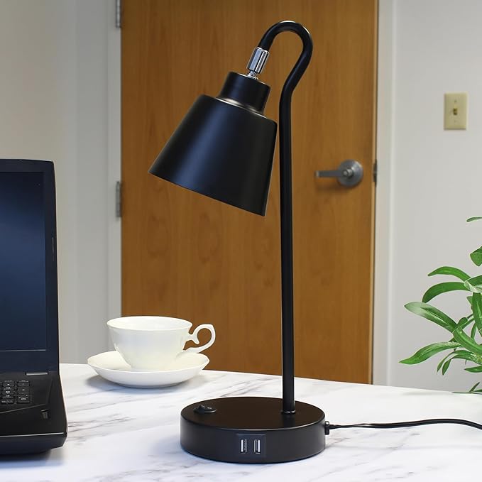 Simple Designs LD1073-BLK 16" Sleek Essentials Metal Looped Desk Task Lamp with Adjustable Shade and Dual USB Ports, for Office, Desk, Nightstand, Black