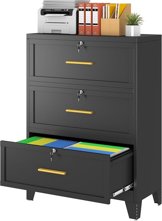 3 Drawer File Cabinet with Lock, Metal Lateral File Cabinets for Home Office, Steel Wide Filing Organization Storage Cabinets, Home Office Furniture for Hanging Files Letter/Legal/F4/A4 Size