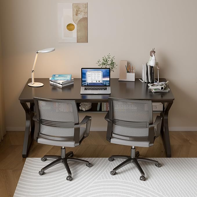 Extra Long Desk with Bookshelf - 55" Double Long Writing Table for 2-Person Workstation, Modern Study Work Computer Desk for Home and Office, Black