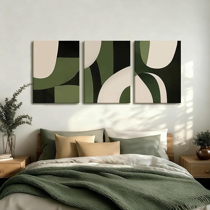 NCCXNCC 3-Pcs Abstract Geometric Canvas Wall Art in Green and Beige Line Artwork Paintings Minimalist Posters Print Medieval Modern Pictures Living Room Bedroom Office Wall Decoration 12x16 inch