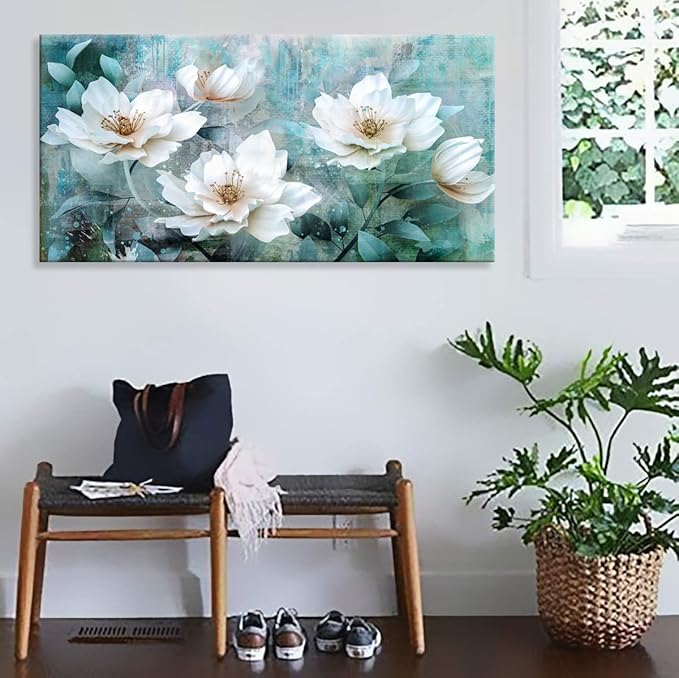 Abstract roses wall art for living room grey green painting 24"x48"watercolor paintings flowers floribunda framed canvas prints decor home bedroom decor office