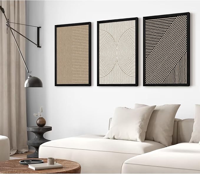 Boho Modern Wall Art Pictures Neutral Abstract Canvas Wall Decor Minimalist Line Wall Art Beige Brown Black Poster Mid Century Painting Artwork for Living Room Bedroom 12x16x3 Inch Wood Framed