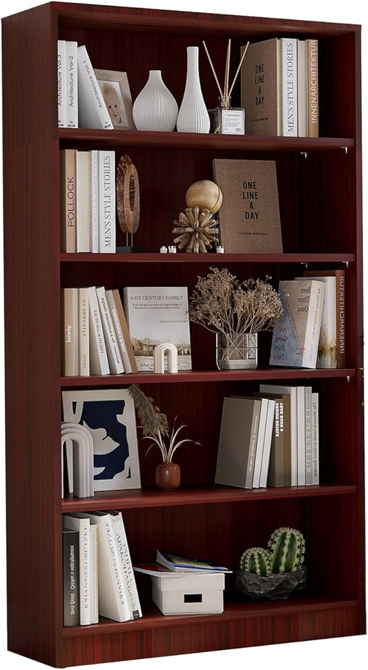 Bookcase Adjustable Storage Shelves,5-Tier Modern Wood Bookcase for Bedroom,60-Inch Bookshelf, Office, Living Room & Library(Cherry)