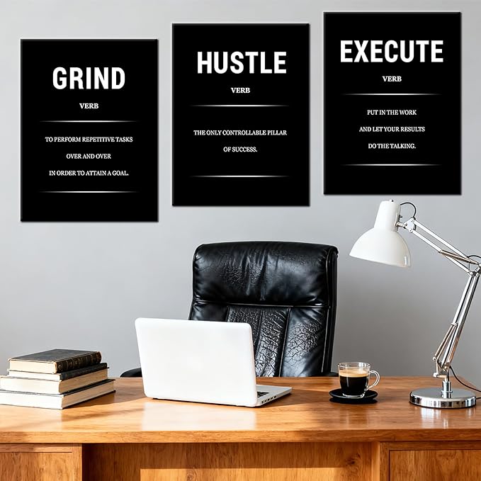 Motivational Canvas Office 3 Panel Print Wall Art Grind Hustle Success Inspirational Wall Decor Encouraging Quotes Poster Painting for Home Bedroom Gym Picture Stretched and Framed [36''W x 16''H]