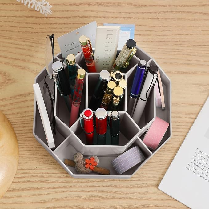 INSTOME Desktop Organizer with Pencil Holders,360°Rotating Pen Holder for Desk Organizer,9 Compartments and Makeup Brush Holders,Multifunctional Office Supplies for Home,Teachers and School (Gray)