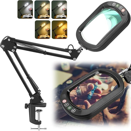 10X Magnifying Glass with Light, Rectangle Real Glass, 5 Color Modes Stepless Dimmable Magnifier with Stand, LED Lighted Clamp Desk Lamp with Swing Arm, Hands Free for Reading Crafts Close Work