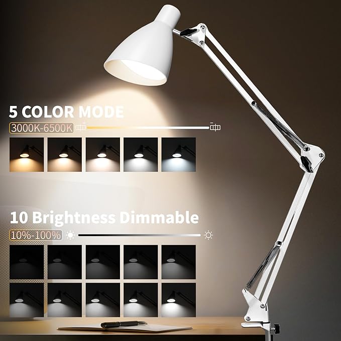 Led Desk Lamp for Home Office - Adjustable Gooseneck Table Stand with Clamp 5 Color Modes and 10 Brightness for Architect Puzzle Light Reading Craft Computer Work Study Sewing(White)