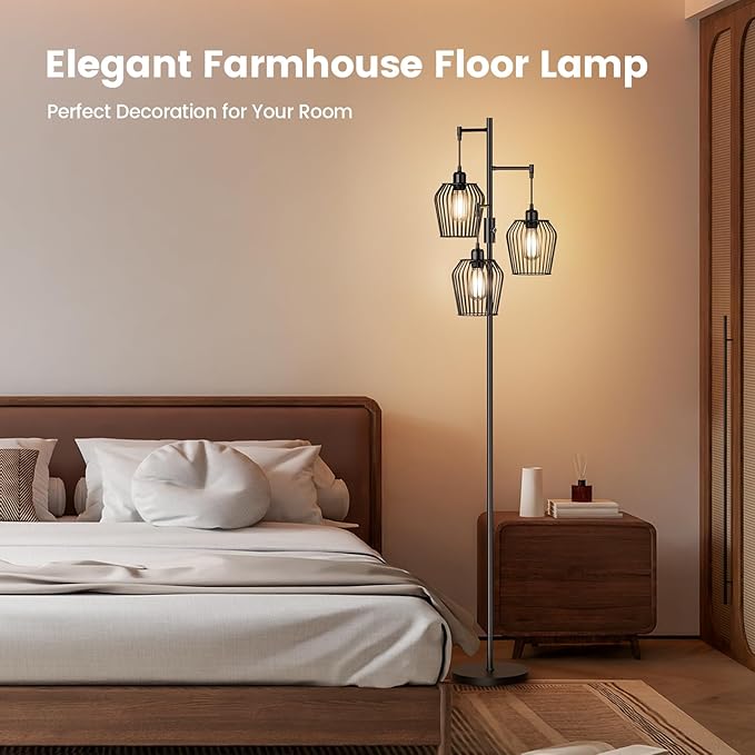 Dimmable Floor Lamp, Farmhouse Industrial Floor Lamp with Elegant Cage & 3 x 1000LM LED Bulbs, Tall Standing Lamp Black Tree Floor Lamps for Living Room Bedroom Office