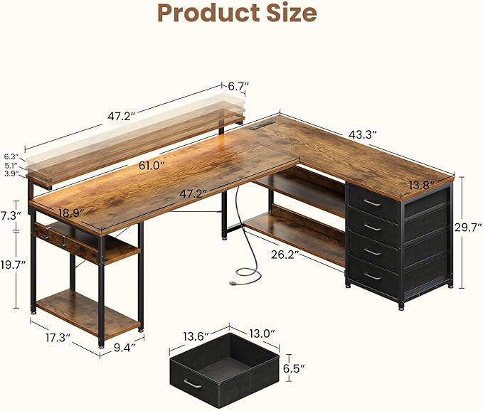 AODK 61" L Shaped Desk with Drawer, Computer Desk with Power Outlets & LED Lights, Reversible Corner Gaming Desks for Home Office Workstation, Office Table with Monitor Shelf, Vintage