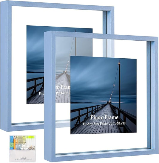 MUYE 10x10 Floating Frame Set of 2,Double Real Glass Square Photo Frame,Display Any Size Photo up to 10x10,Wall Mount or Tabletop Standing,Blue