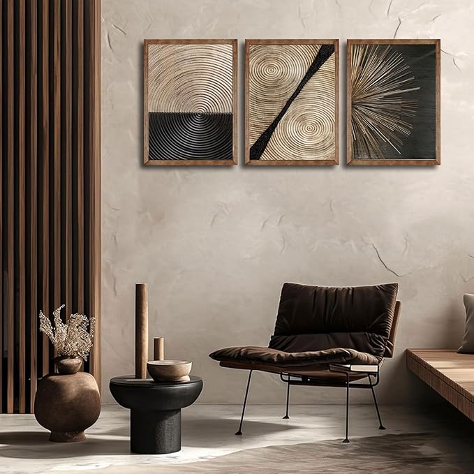 3Pcs Retro Wood grain Abstract Canvas Wall Art Minimalist Black Golden Line Texture Wall Decor Pictures Neutral Geometric Beige Brown Poster Prints for Living Room Bedroom Home Decoration 16x24in