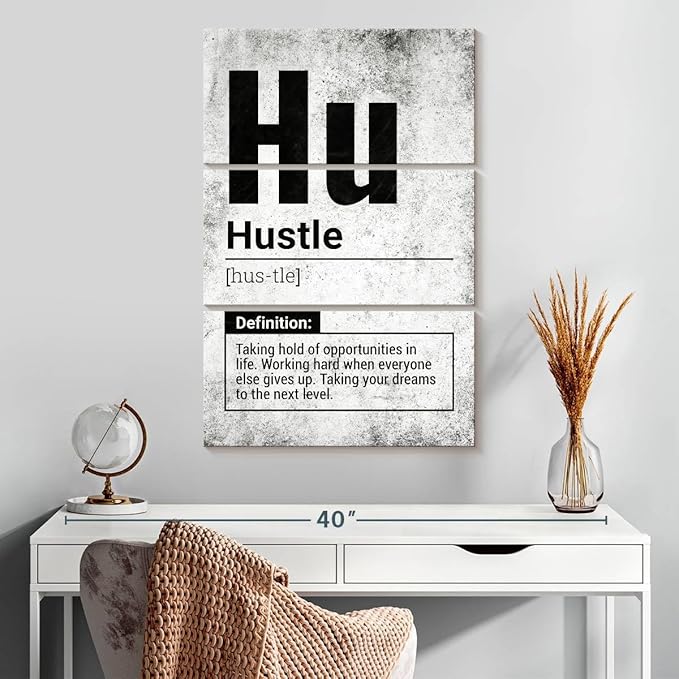 Elephant Stock - Hustle Definition Grunge Wall Art - Vertical Multi Panel Canvas - 3 Piece Living Room Wall Decor - Digital Art Inspirational And Typography Multi Piece Wall Art - Black And Gray Decor - 20" x 32"