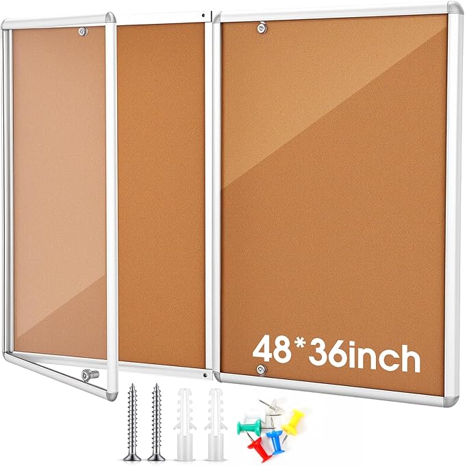 Enclosed Bulletin Board 48" x 36" Weatherproof Lockable Outdoor Cork Case Display Board Wall Mounted 2 Locking Door Aluminum Frame for Office, School, Commercial, Hospital, 12 x A4(Wood)