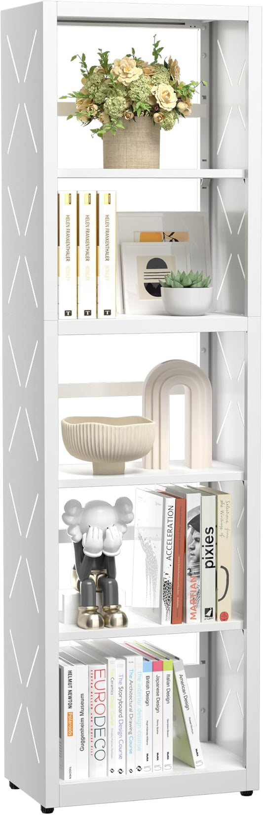 5 Tier Bookshelf, 55"Tall Metal Bookcase with Adjustable Shelves, Modern Display Book Shelf, White Bookcase Shelf, Utility Shelf, Storage Shelves for Office, Living Room, Kitchen, Study-16"W