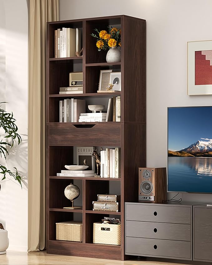 Armocity 8-Tier Tall Bookshelf with Drawer, 73.6" Narrow Freestanding Bookcase, Space-Saving Wood Display Shelves Storage for Living Room, Home Office Bedroom, Black Walnut