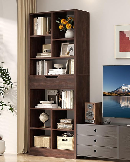 Armocity 8-Tier Tall Bookshelf with Drawer, 73.6" Narrow Freestanding Bookcase, Space-Saving Wood Display Shelves Storage for Living Room, Home Office Bedroom, Black Walnut