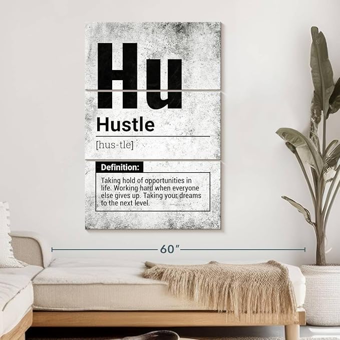 Elephant Stock - Hustle Definition Grunge Wall Art - Vertical Multi Panel Canvas - 3 Piece Living Room Wall Decor - Digital Art Inspirational And Typography Multi Piece Wall Art - Black And Gray Decor - 32" x 50"