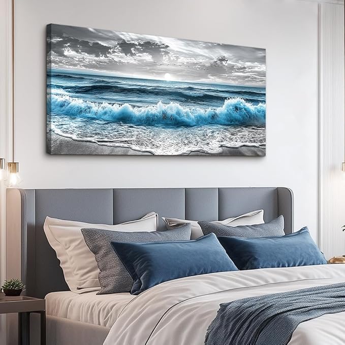 ZUITINGHUA Large Wall Decor For Living Room Canvas Wall Art For Office Modern Wall Decorations For Bedroom Sea Wave Landscape Painting Black And White Pictures Artwork Room Home Decor 24x48 In