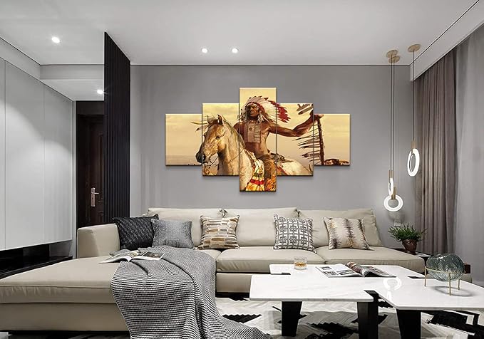 YOUHONG Native American Wall Art | Chief with Horse Design | 5-Panel Set with High-Definition Printing, Ready to Hang for Indian Home Decor, Native American Wall Decor, Size 70''W x 40''H