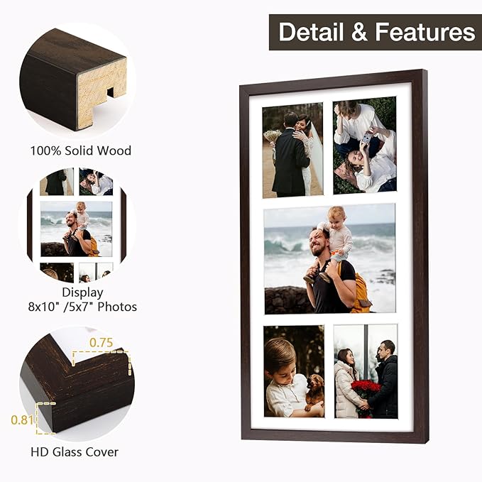 Golden State Art 12x24 Dark Brown Wood Picture Frame - White Mat for 8x10 and 5x7 Photos - Real Glass, Sawtooth Hanger, Swivel Tabs - Wall Mounting - Great for Posters, Weddings, and Engagements
