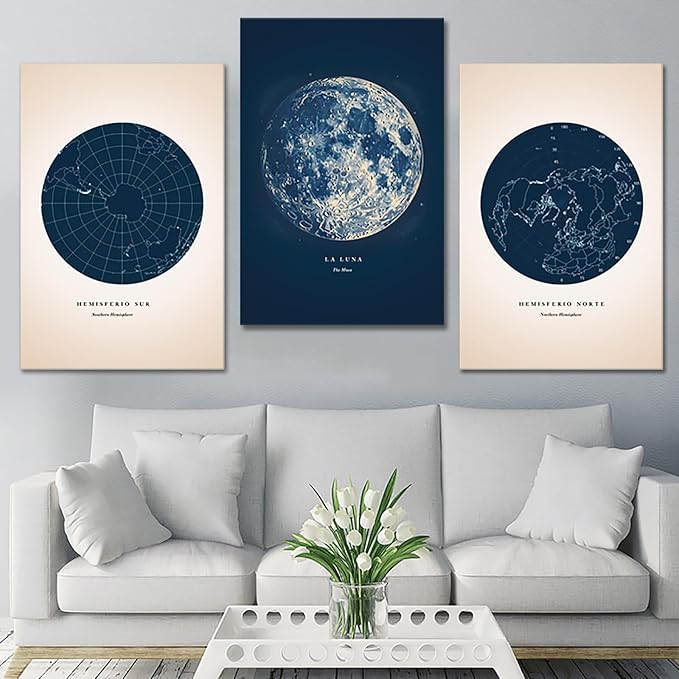 3 Piece Astronomy Wall Art - Star Map Canvas Painting Moon Wall Decor Navy Blue Constellation Picture Lunar Phases Prints Poster for Bedroom Bathroom Office Stretched Framed Ready to Hang 24"x36"x3Pcs