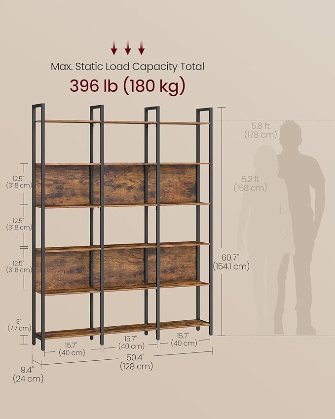 VASAGLE 6-Tier Bookshelf, Book Shelf, Industrial Bookcase, with Steel Frame, for Living Room, Home Office, Bedroom, 9.4 x 50.4 x 73.7 Inches, Rustic Brown and Ink Black ULLS151K01