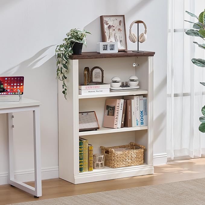 43" White Tall Bookshelf Set of 2,3-Tier Thick Wooden Book Shelf with Adjustable Shelves,Free Standing Farmhouse Bookcase with Open Display Storage,Floor Vintage Bookshelves for Living Room