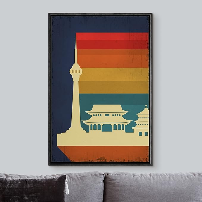 IDEA4WALL Framed Canvas Print Wall Art Retro Vintage Chinese Capitol Poster Cultural Building Illustrations Modern Art Contemporary Scenic Warm for Living Room, Bedroom, Office - 16"x24" BLACK