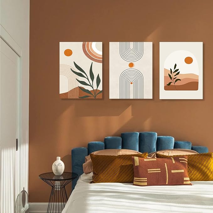 Boho Wall Art Set of 3, MidCentury Modern Wall Prints Framed Canvas Paintings Minimalist Abstract Geometric Beige Orange Moon Plant Desert Nature Illustrations Artwork, Boho Wall Decor Ready To Hang