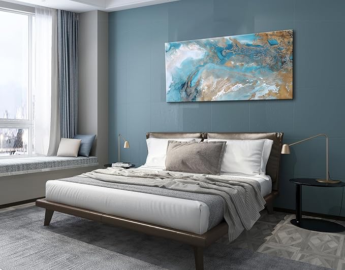 Blue Abstract Canvas Wall Art for Living Room, Navy and Gold Fluid Marble Picture Prints, Modern Painting Artwork for Bedroom, Bathroom, Office, Home Decor 20x40 Inch