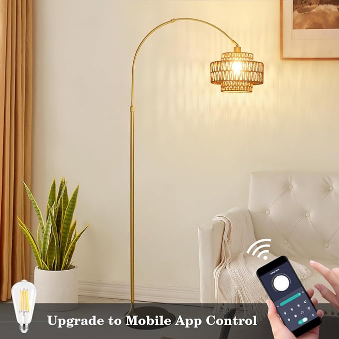 HMVPL Gold Floor Lamp for Living Room, Arched Floor Lamp with Remote, Boho Rattan Standing Lamp with Dimmable Blub, Mid Century Tall Lamp for Bedroom Reading Behind Couch Office (Height Adjustable)
