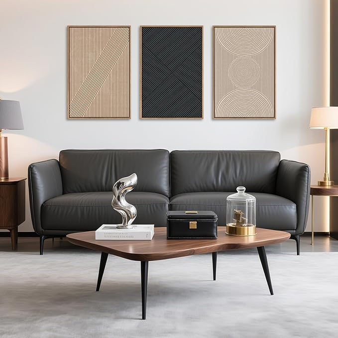 Ausril 3 Pcs Neutral Abstract Framed Wall Art, Mid Century Modern Canvas Wall Decor, Boho Geometric Line Wall Painting, Beige Minimalist Textured Art Print for Living Room Bedroom Office - 24x36inch