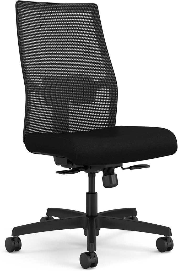 HON Ignition 2.0 Armless Office Chair, Ergonomic Adjustable Tilt, Swivel Wheels, Comfy for Long Hours, Home Office Desk Chairs, Black