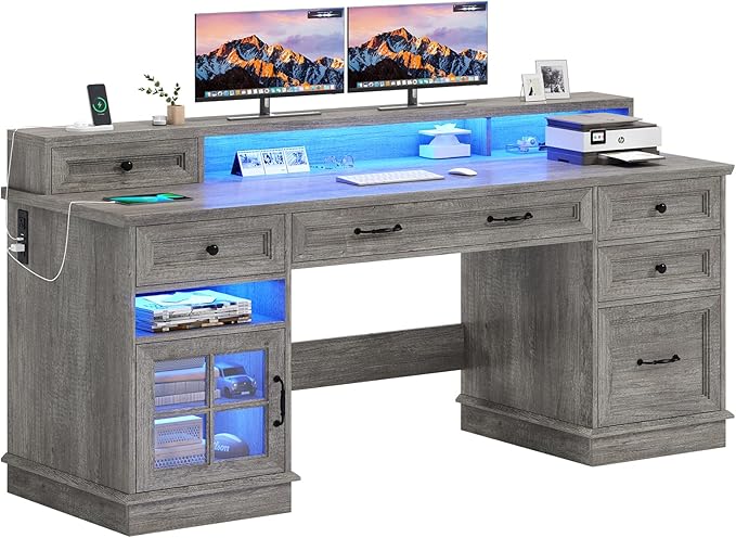 BTHFST Farmhouse Executive Desk with File Drawer, Computer Desk with Charging Station & LED Lights, Home Office Desk with Drawers & Storage Cabinet, Executive Office Desk with Monitor Stand, Grey