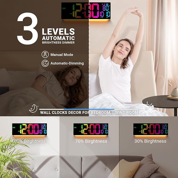 16.5" Large Digital Wall Clock: 11 RGB Color LED Display with Remote Control, Auto DST, Temperature & Date, Big Number Wall Clock for Seniors, Classroom, Office, Gym, Home Decor Black