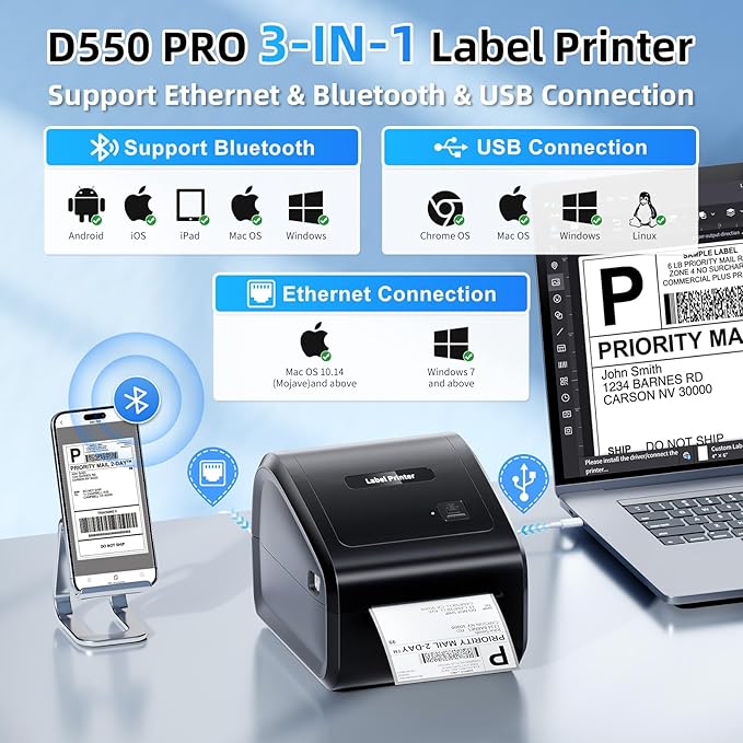 D550 Pro Bluetooth Thermal Label Printer&100Pcs Transparent Thermal Labels 4x6,Wireless Thermal Labels Printers for Small Business,Office, Home,Support Bluetooth/Ethernet/USB