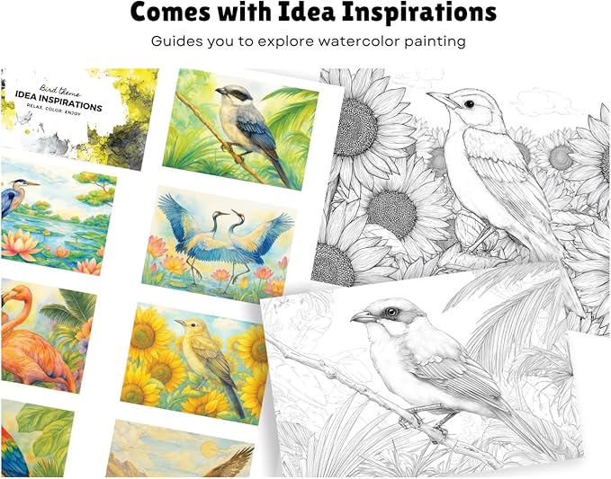 Artwink Watercolor Coloring Cards – Bird Theme, 15 Sheets (5x7 Inches, 300gsm), Works with Watercolor, Colored Pencils, or Markers, Great for Coloring Book Lovers & Watercolor Painting Practice
