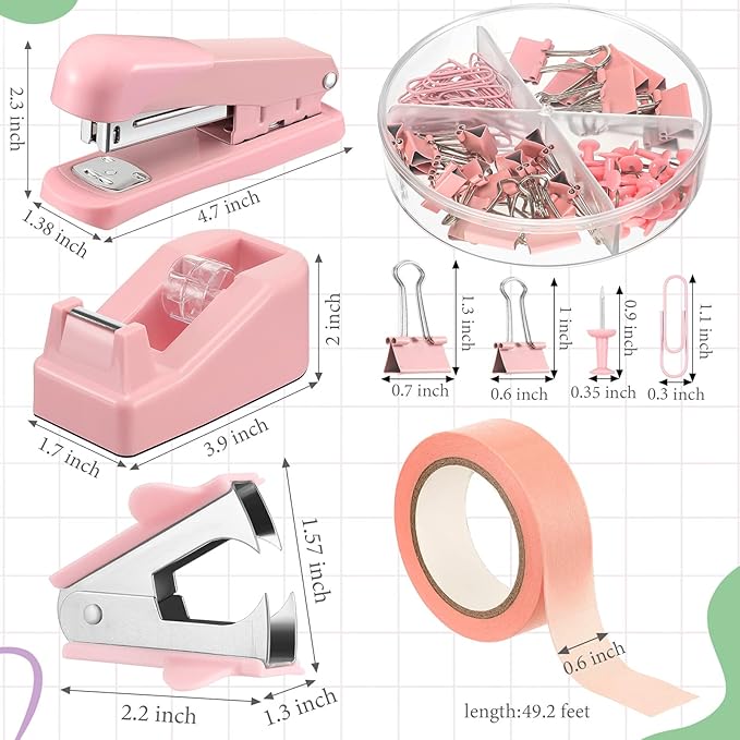 Sabary Office Supplies Set Desk Accessory Kit Include Stapler, Staples, Staple Remover, Tape Dispenser, 22 Binder Clips, 30 Paper Clips, 20 Push Pins, 2 Rolls Tape, for Women (Pink)