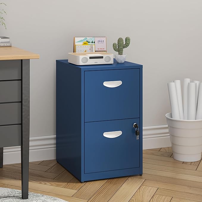 2 Drawer File Cabinet with Lock, Metal File Cabinet for Home Office, Under Desk Storage, Printer Stand, for Letters and File Boxes, Assembly Required, Blue