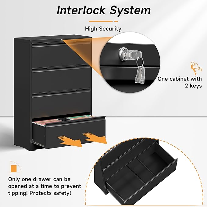 Bestoo 4-Drawer Lateral File Cabinet with Lock, Metal Filing Cabinet for Home Office, Lateral Filing Storage Cabinets, Fits File Folders, Letter/Legal/F4/A4 Sizes, Assembly Required (Black)