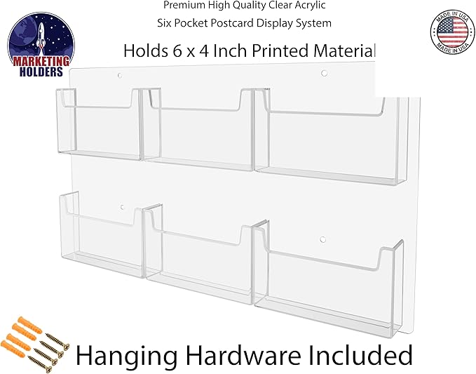 Marketing Holders Postcard Holder Holds 6" x 4" Printed Material Clear Acrylic Wall Mount Index Cards Display Rack with Hanging Hardware 6 Pocket Recipe Invitation Caddy Souvenir