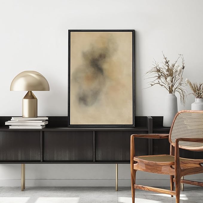 MUDECOR Framed Canvas Print Wall Art Soft Watercolor Texture Warm Beige and Brown Tones Illustrations Minimalism Decorative Relax Colorful for Living Room, Bedroom, Office - 16"x24" BLACK