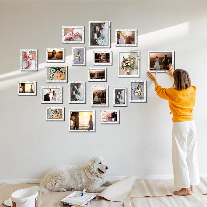 Namalu 20 Pcs Gallery Wall Frames Set Rustic Picture Frames Collage Assorted Photo Wall Decor Pack for Hanging or Tabletop Display Multi Sizes with 8 x 10, 5 x 7, 4 x 6 (White)
