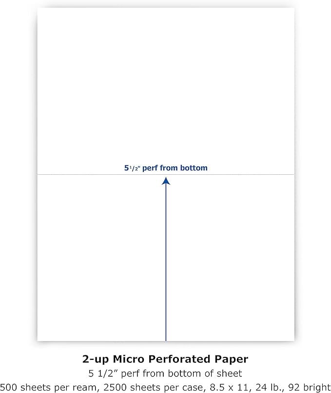 PrintWorks Professional Half Sheet Perforated Paper 8.5” x 11” - Perfect For W-2, 1099, & Statement Use - Made in the USA - 2500 Sheets - 24 lb - A5 Paper - Printer Compatible - White (04118C)