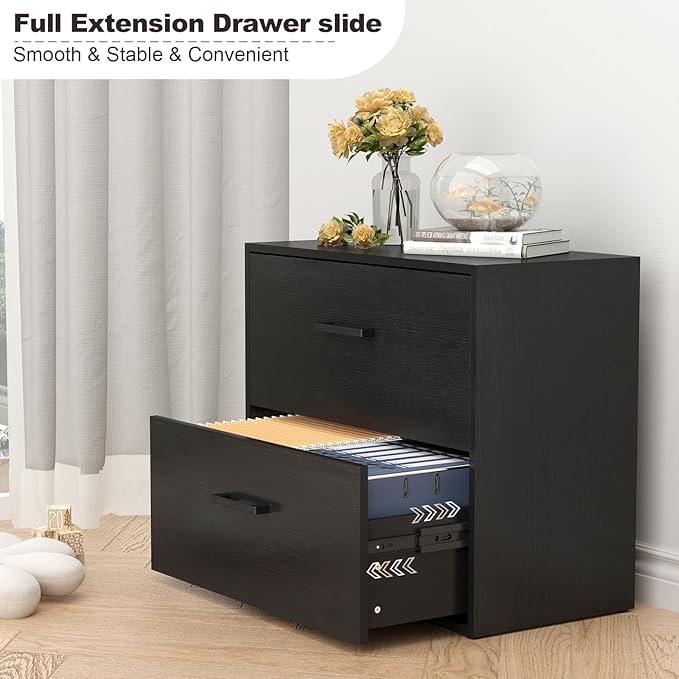 Lateral File Cabinet, Wood 2 Drawer File Cabinet with Hanging Bars for Letters, Black Horizontal File Cabinets for Home Office, Black